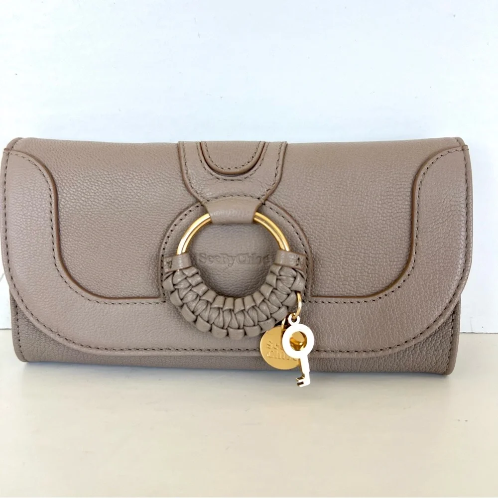 SEE BY CHLOÉ Hanna Continental Taupe Pebbled Leather Braid Gold Charm Wallet NWT